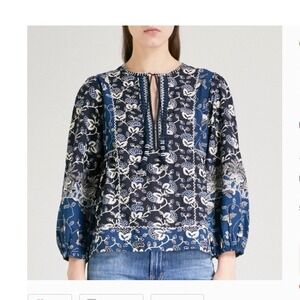 Ulla Johnson Rami Tie Blue Floral Peasant Tassel Blouse Size 2 Cotton Rayon Top